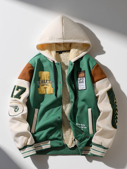 Unisex College Jacke Winter Grün Beige Braun mit Kapuze und Sherpa-Futter