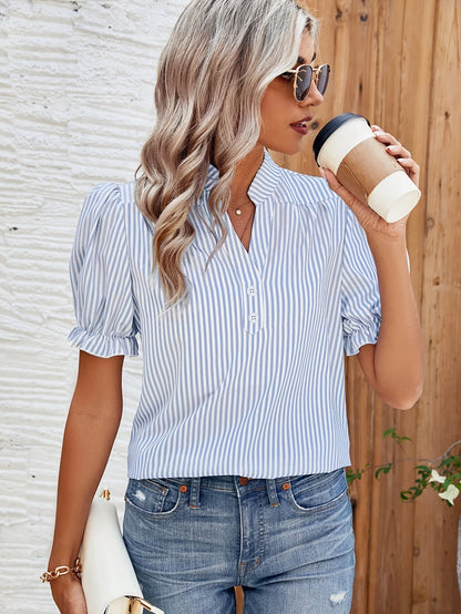 Damen Streifenbluse mit Puffärmeln und Stehkragen – Modische Freizeitbluse für Frühling und Sommer