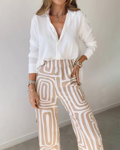 Shannon – Costume décontracté pour femme avec chemise à manches longues à col revers et pantalon à jambes larges