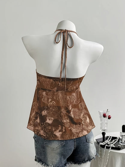 Dame halterneck volant top med hjerteprint – romantisk sommer peplum top til fritid og udgang