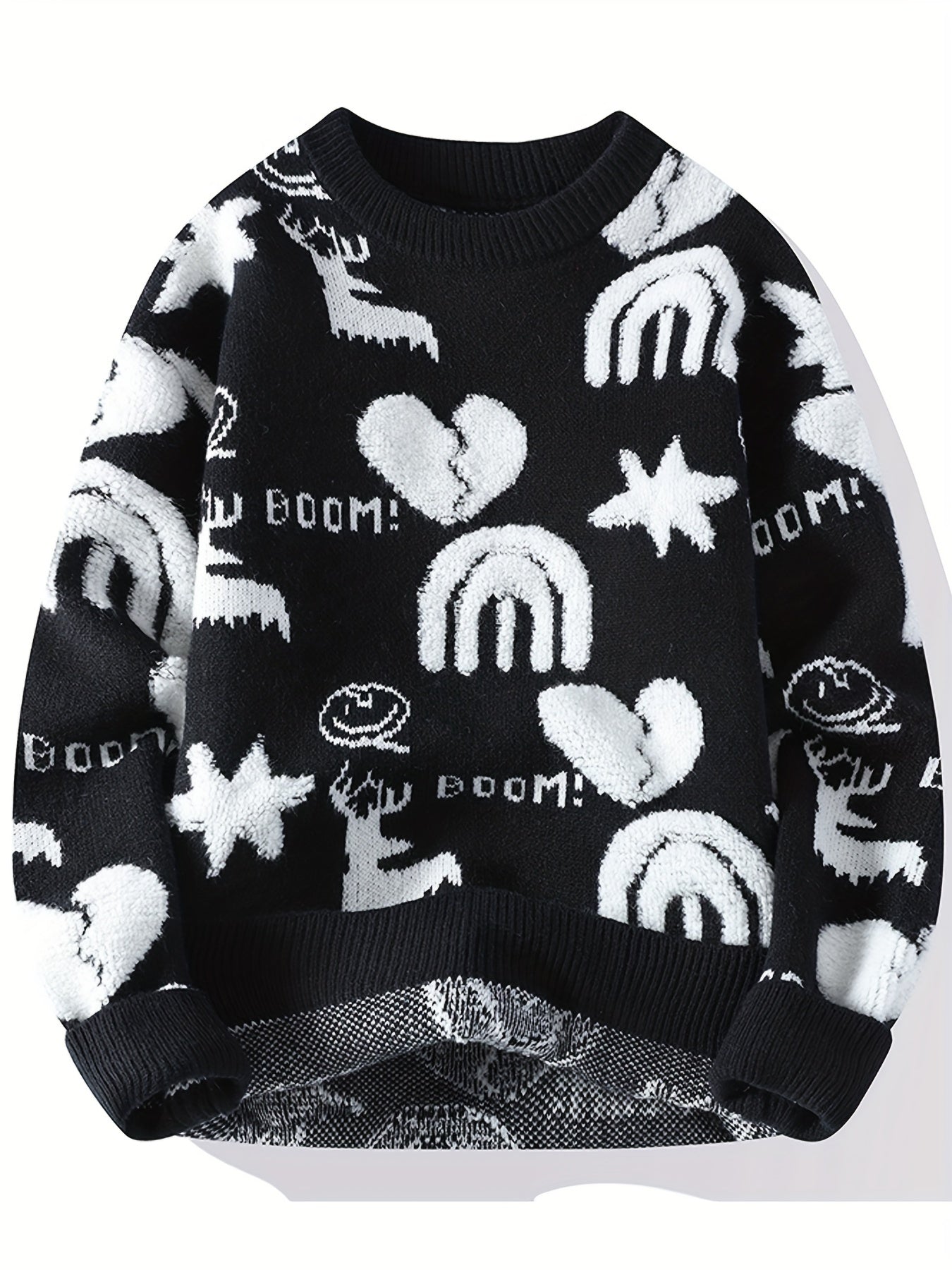 Unisex Strickpullover Rundhals mit Muster (Hirsch, Herz, Regenbogen)