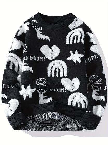Unisex Strickpullover Rundhals mit Muster (Hirsch, Herz, Regenbogen)