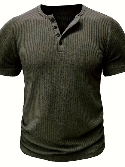 Męska koszulka Henley z krótkim rękawem, prążkowana, letni styl casual