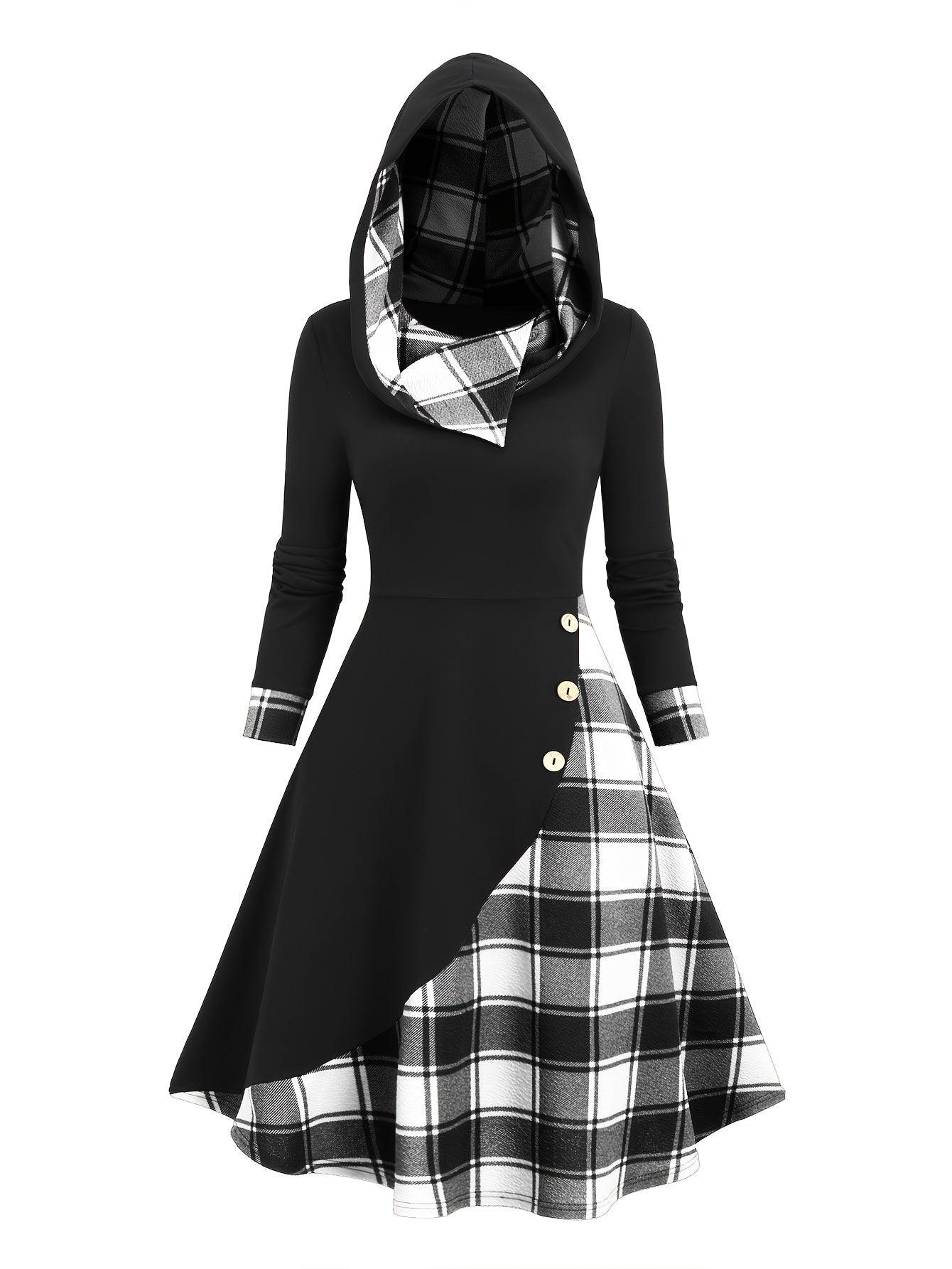 Damen Kapuzenkleid Schwarz Karomuster Langarm Midi