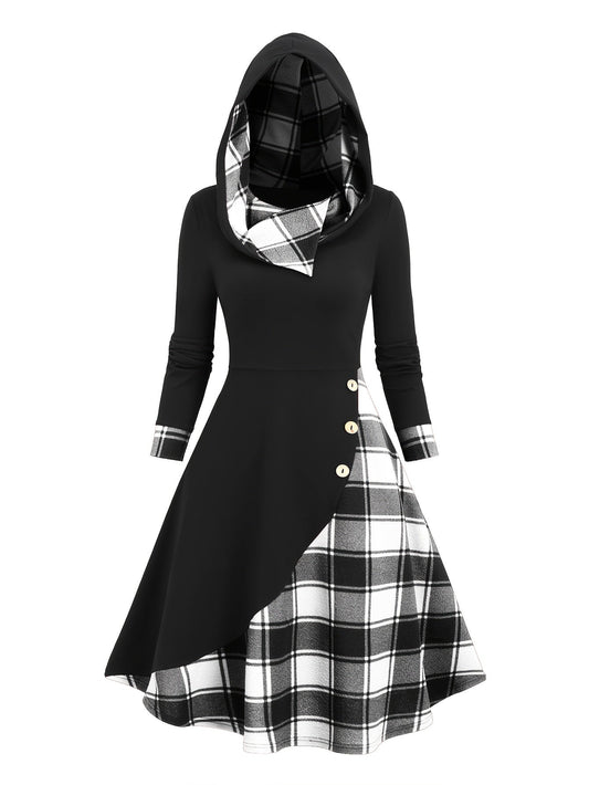Abito con cappuccio da donna, nero, motivo a quadri, maniche lunghe, midi