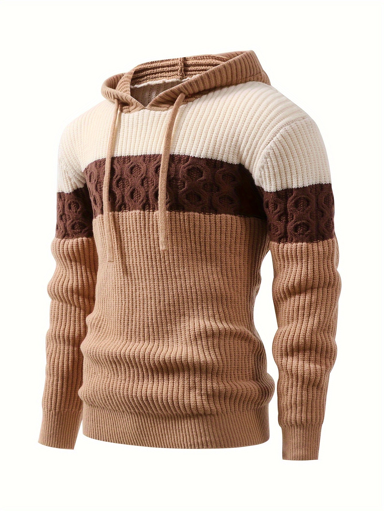 Strikpullover med hætte til mænd, blokstriber, brun og beige