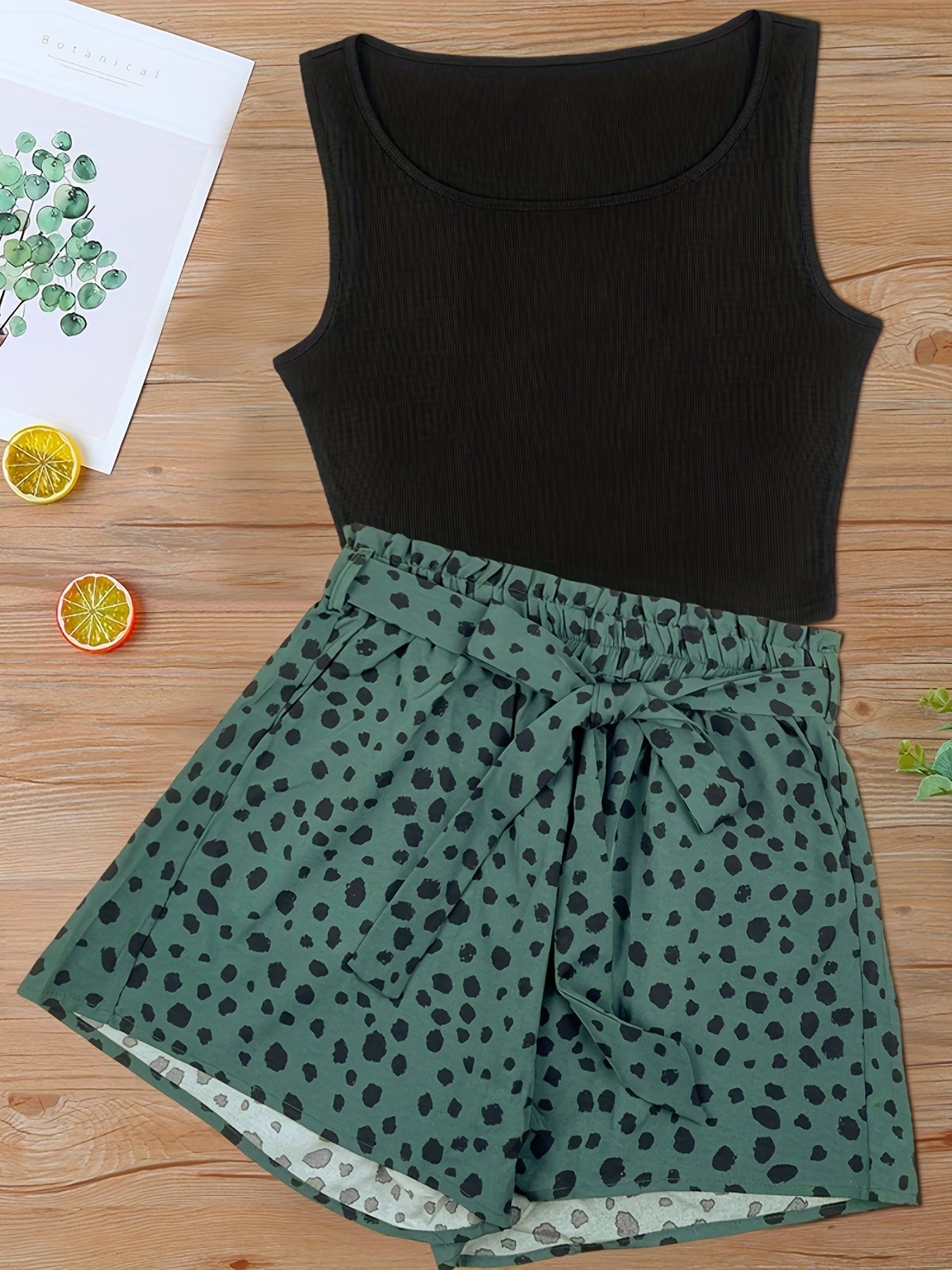 Dame elegant sommersett med ermeløs topp og prikkete shorts – moteriktig fritidslook