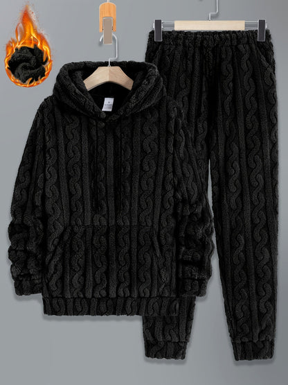 Herren Plüsch Loungewear Set mit Kapuzenpullover und Hose, Zopfmuster, Schwarz