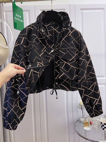 Damen Kurzjacke mit Reißverschluss und tropischem Blättermuster