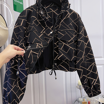 Damen Kurzjacke mit Reißverschluss und tropischem Blättermuster