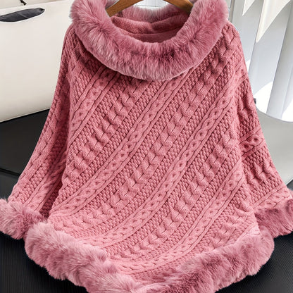 Strickponcho Damen mit Kunstfellbesatz Zopfmuster Kapuze