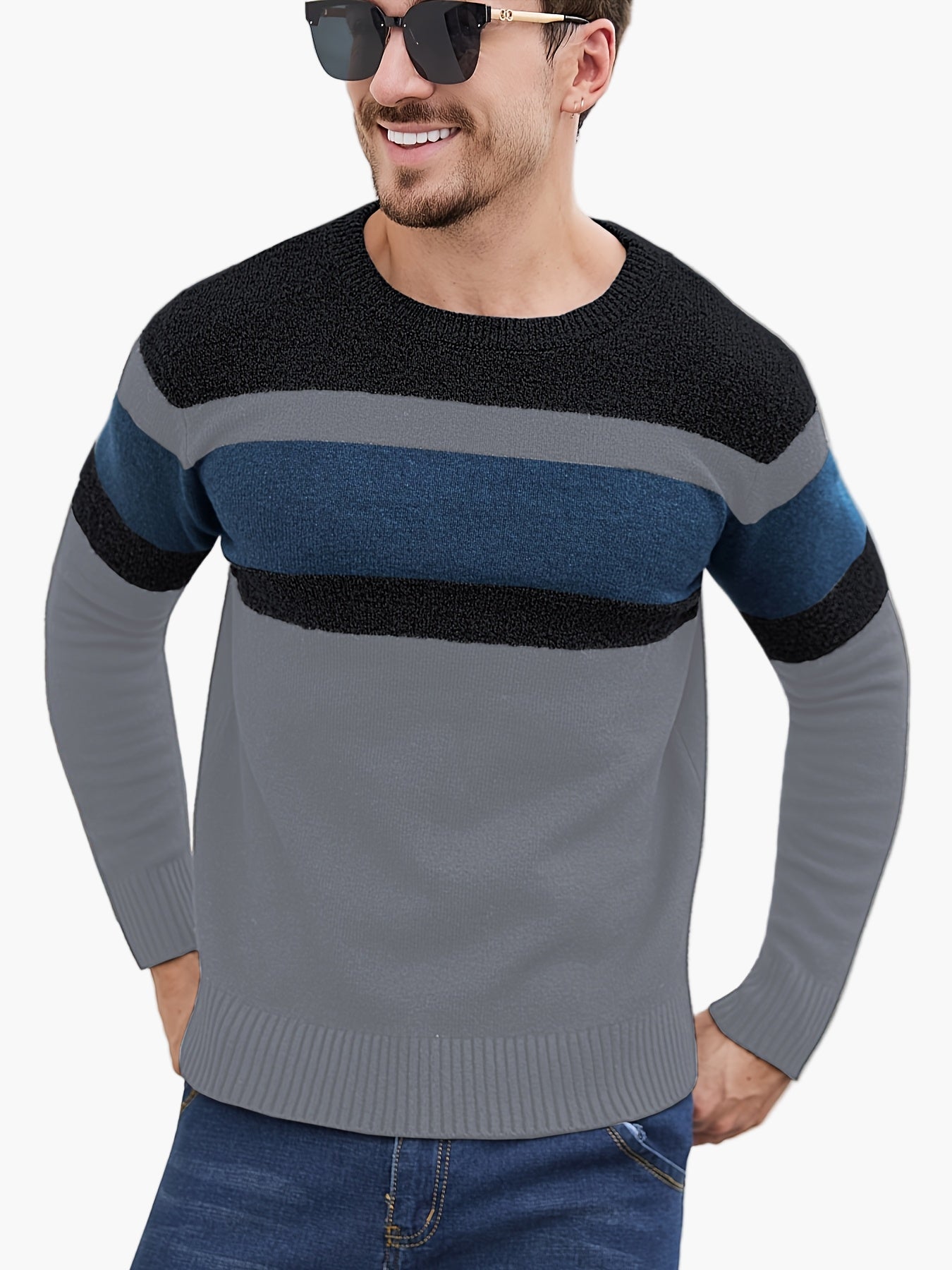 Jersey de punto para hombre con patrón de rayas – Jersey casual a la moda para otoño e invierno