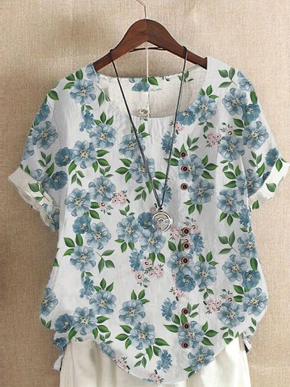 Blusa vintage da donna con motivo floreale e abbottonatura – Maglietta estiva casual in stile retrò