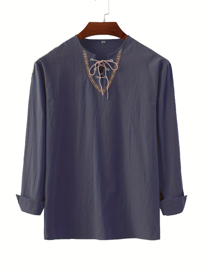Herrens vintage långärmad tröja med snörning och geometrisk brodyr – fritid och vardag
