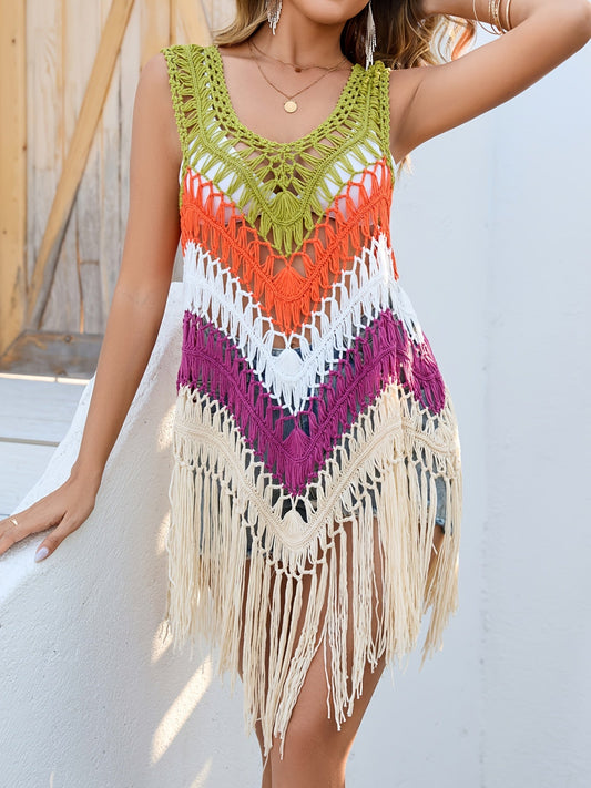Poncho de ganchillo bohemio para mujer con flecos – Perfecto como vestido de playa o cubre bikini