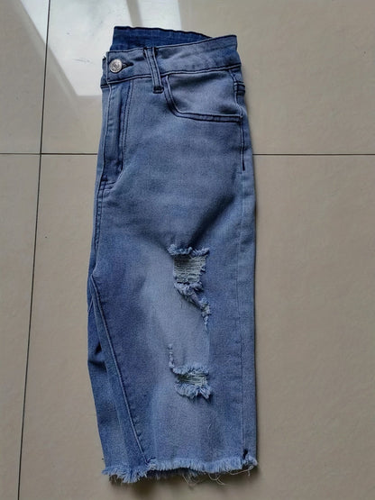Bermuda jeans da donna effetto usato con frange – Moda estiva alla moda, streetwear e tempo libero