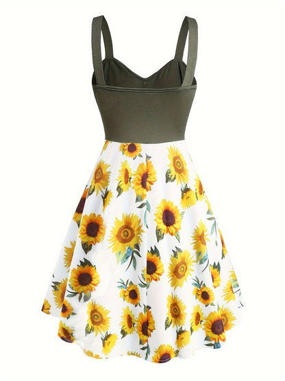 Damen Vintage Sommerkleid mit Sonnenblumenmuster und Knopfleiste – Elegantes Freizeitkleid für Frühling und Sommer