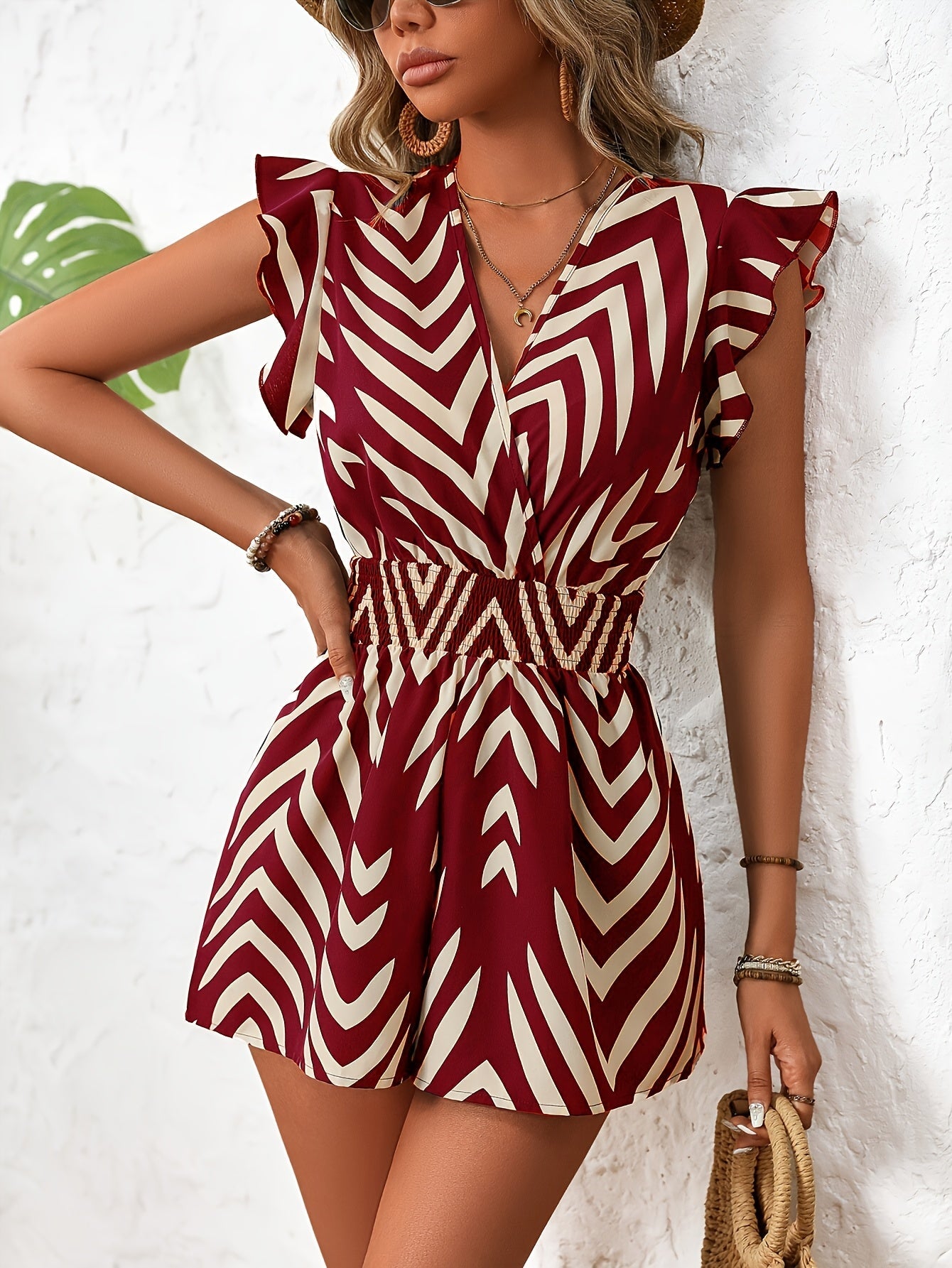 Damen Sommer Overall Elegant mit V-Ausschnitt und Print – Freizeit & Urlaub