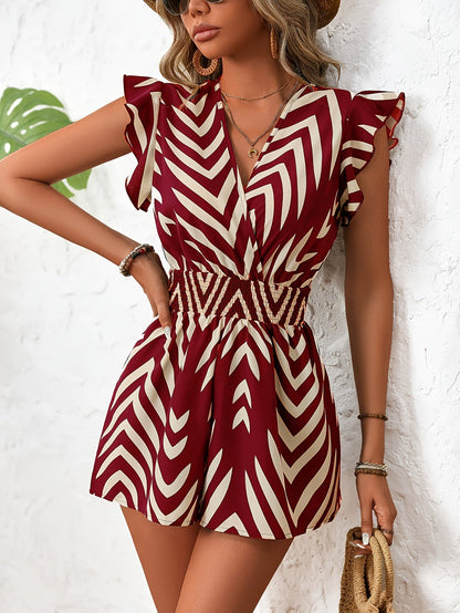 Damen Sommer Overall Elegant mit V-Ausschnitt und Print – Freizeit & Urlaub