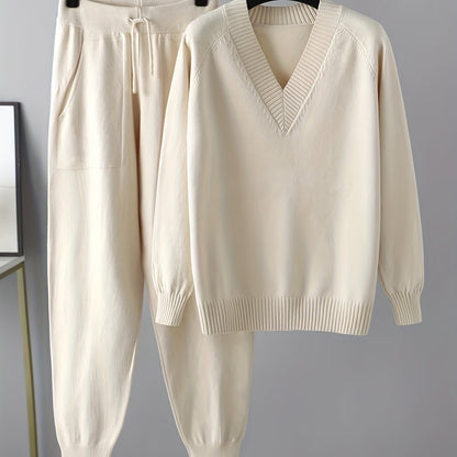Set da donna in maglia con pullover con scollo a V e pantaloni da jogging