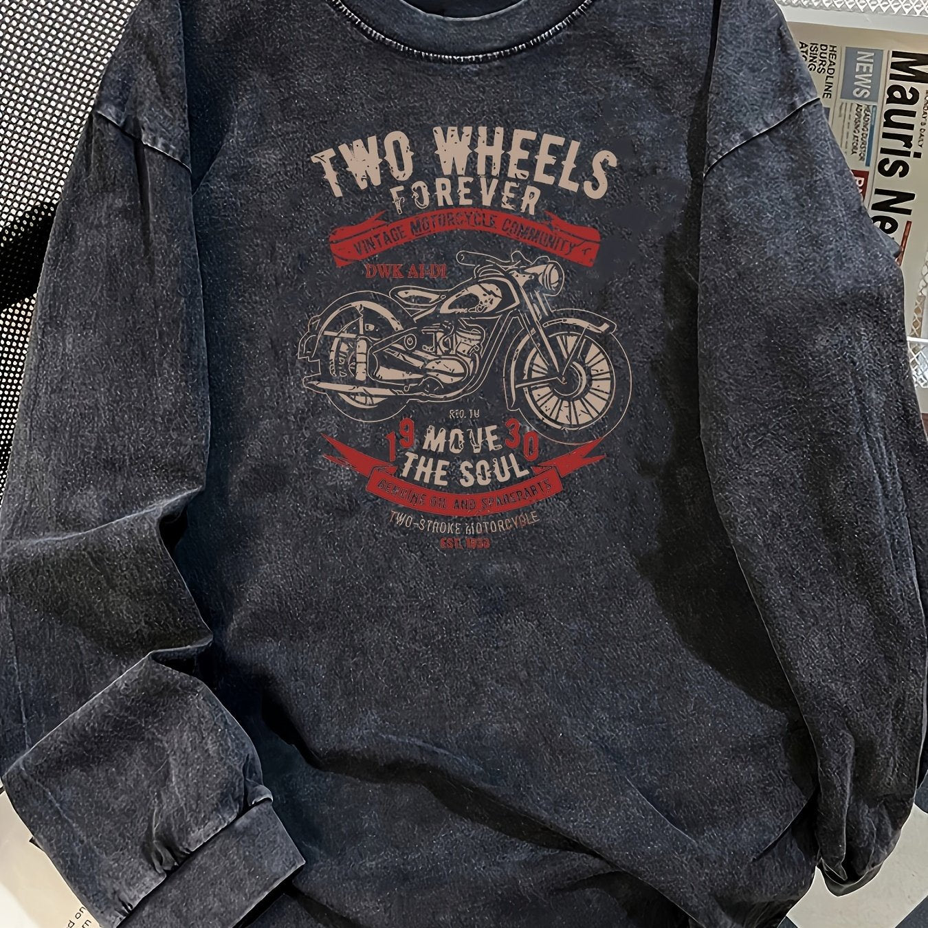 Unisex Langarmshirt mit Motorrad-Grafik, Vintage-Waschung, Dunkelgrau