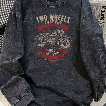 Unisex Langarmshirt mit Motorrad-Grafik, Vintage-Waschung, Dunkelgrau