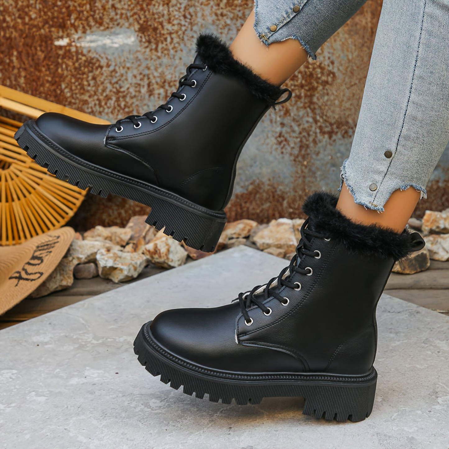 Damen Worker Boots mit Fellfutter & klobiger Sohle – Schnürstiefelette