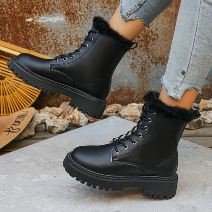 Damen Worker Boots mit Fellfutter & klobiger Sohle – Schnürstiefelette