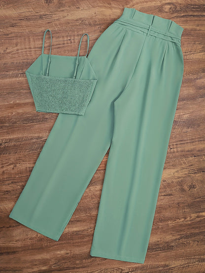 Dame to-delt sett elegant – høytlivsbukse med vide ben og crop top, ideell for vår og sommer