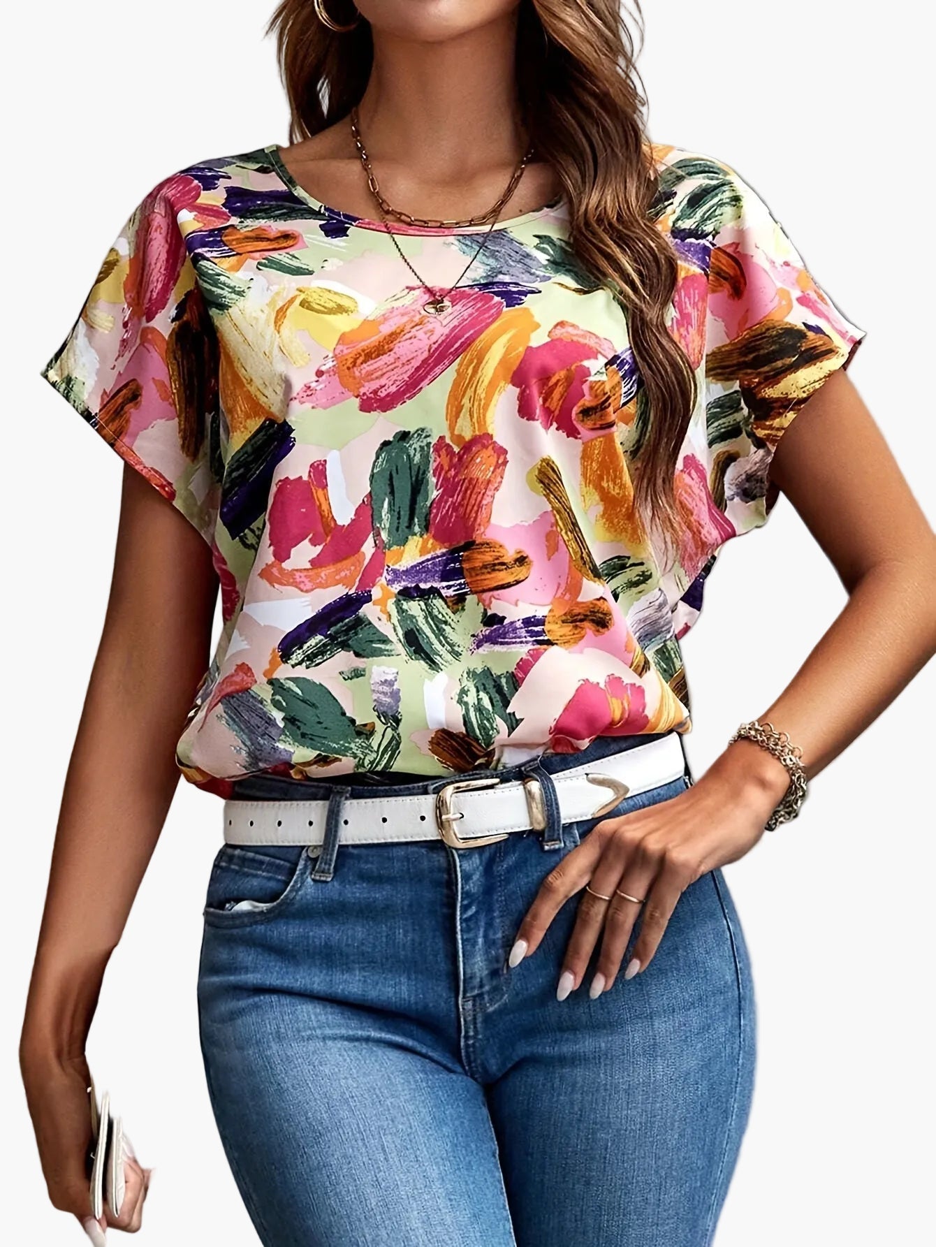 Dames top met korte mouwen en artistieke print – Elegante zomerse look voor dagelijks gebruik en vrije tijd