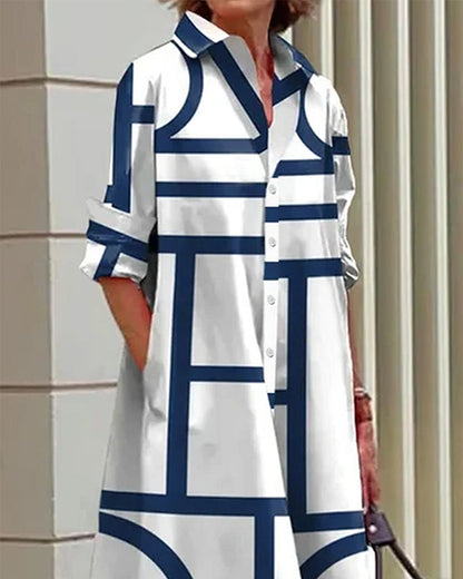 Vestido camisa para mujer con estampado geométrico y bolsillos prácticos – Moderno y versátil para día a día y oficina