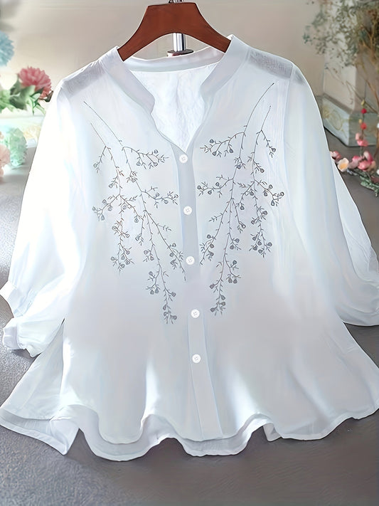 Dame Elegant Bluse med Broderi og Ståkrage – Sommer Fritidsskjorte