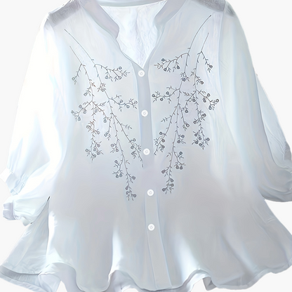 Blusa elegante da donna con ricamo e collo alla coreana – Camicia estiva casual