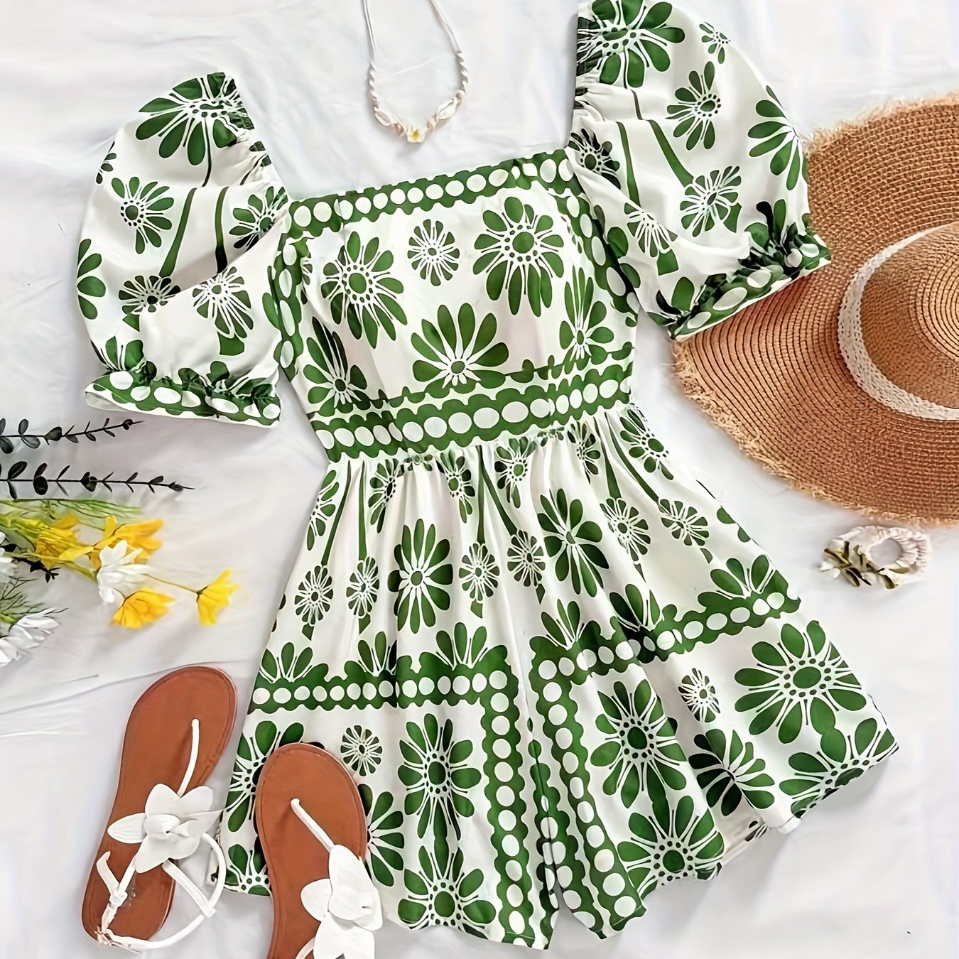 Dame vintage-jumpsuit med pufærmer og blomsterprint – Elegant heldragt til sommer og fritid