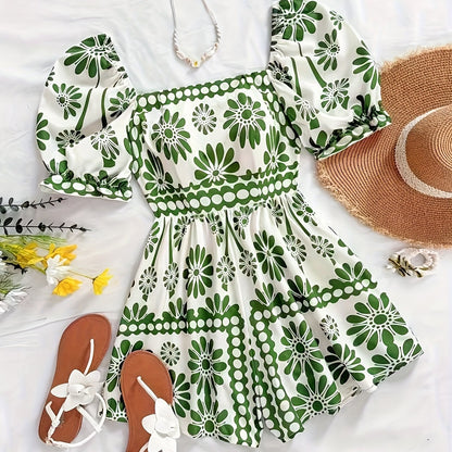 Dame vintage-jumpsuit med pufærmer og blomsterprint – Elegant heldragt til sommer og fritid