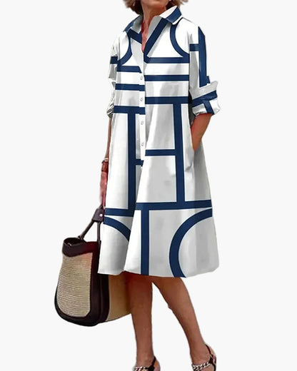 Vestido camisa para mujer con estampado geométrico y bolsillos prácticos – Moderno y versátil para día a día y oficina