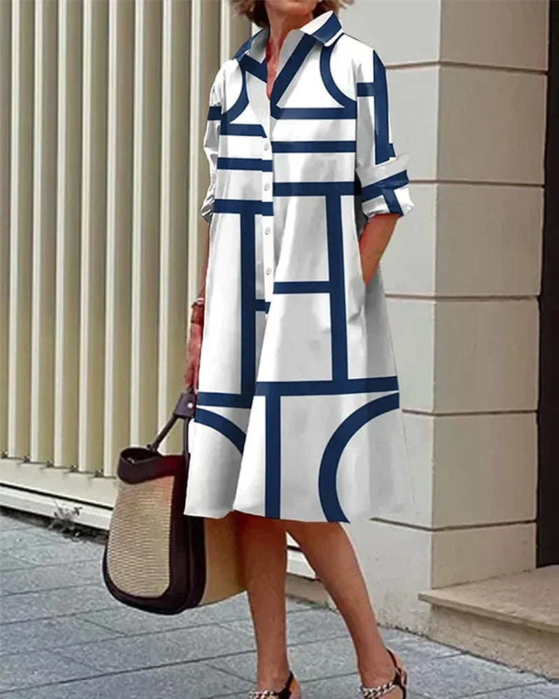Vestido camisa para mujer con estampado geométrico y bolsillos prácticos – Moderno y versátil para día a día y oficina
