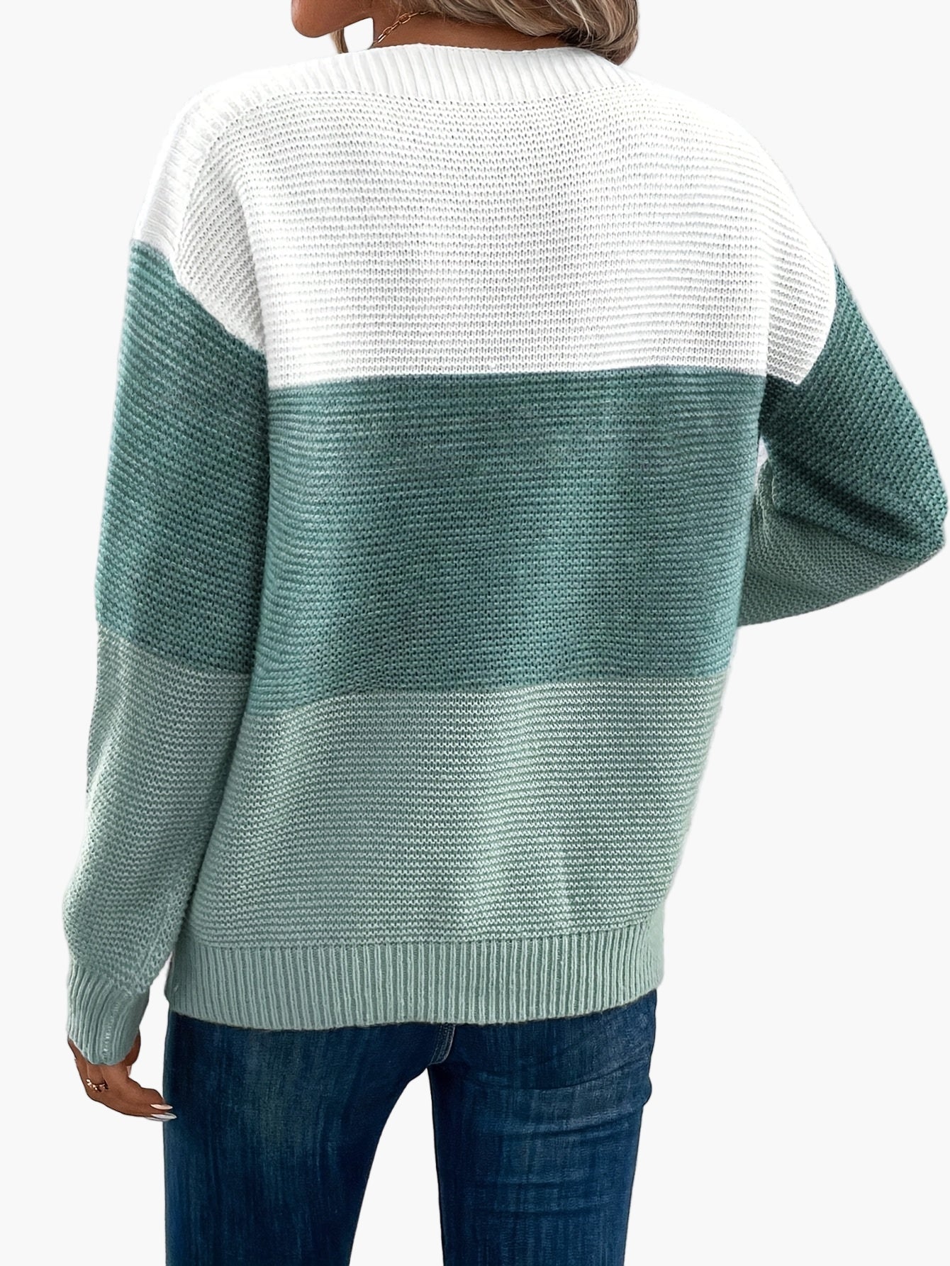 Damski sweter dziany w designie colorblock – Elegancki look na czas wolny na jesień i zimę