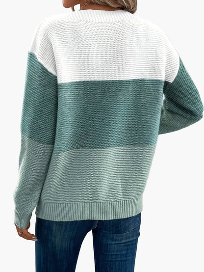 Damski sweter dziany w designie colorblock – Elegancki look na czas wolny na jesień i zimę