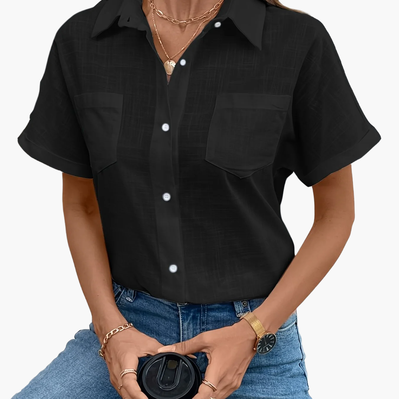 Damen Kurzarm Bluse mit Vogelmotiv – Casual Sommer Hemd mit Brusttasche