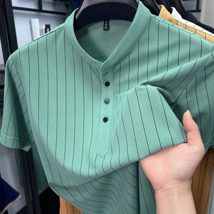 Męska koszula z krótkim rękawem, stójką i prążkami do stylizacji smart casual