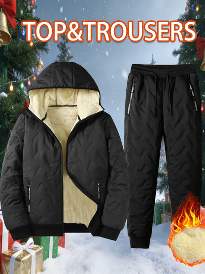 Completo da allenamento imbottito da uomo, giacca trapuntata con cappuccio e pantaloni trapuntati, invernale
