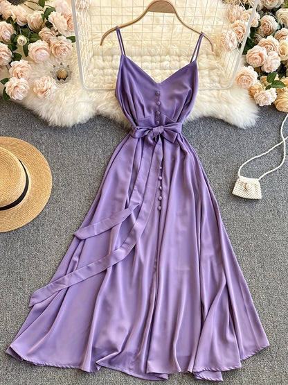 Abito lungo da donna in stile camisole con fiocco – Abito elegante per feste in giardino e serate