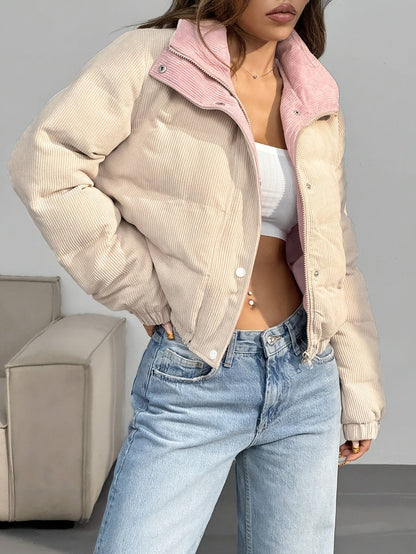 Cord Steppjacke Beige mit Rosa Kragen Damen Kurz