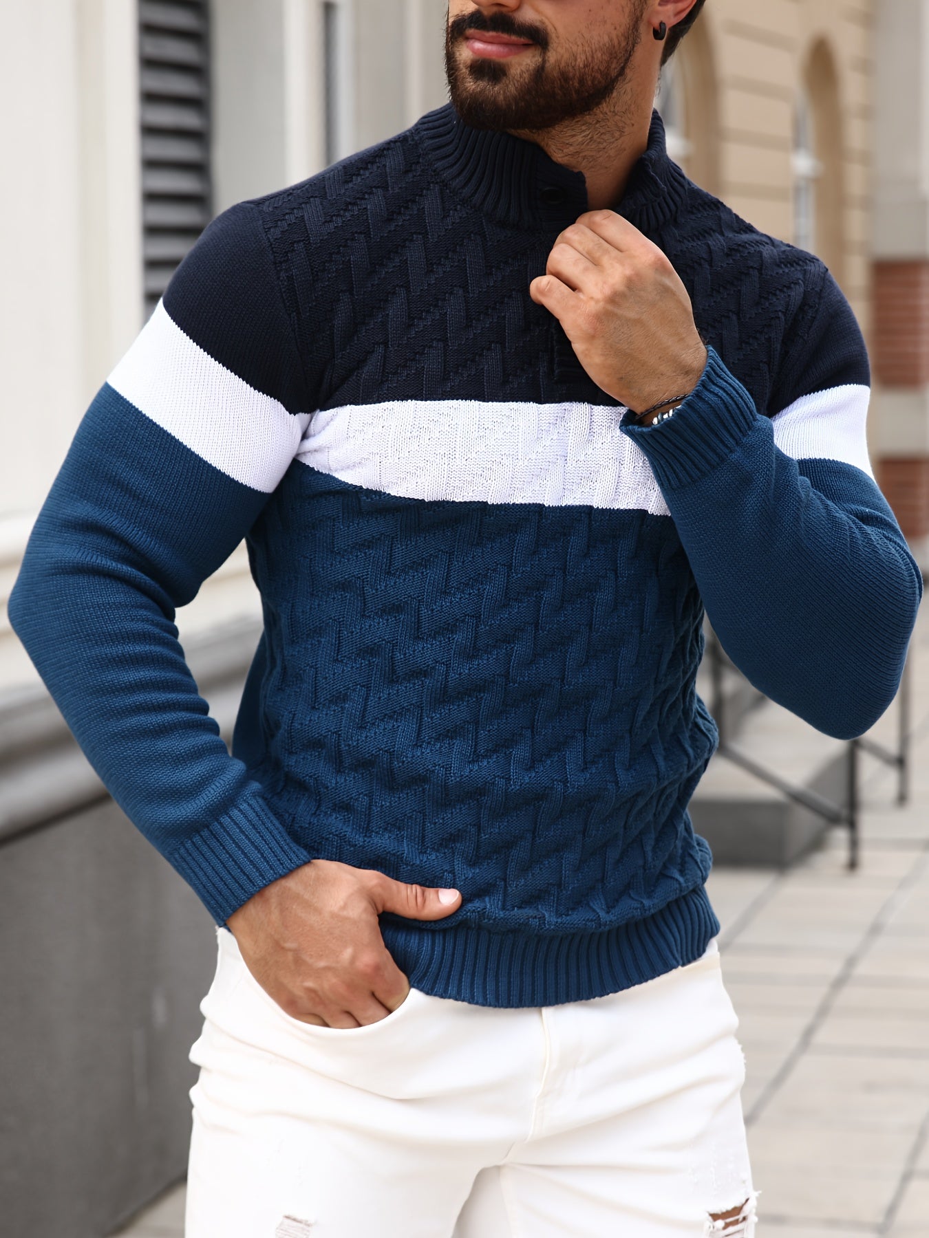 Herren Strickpullover Blockfarben Zopfmuster Stehkragen Knopfleiste