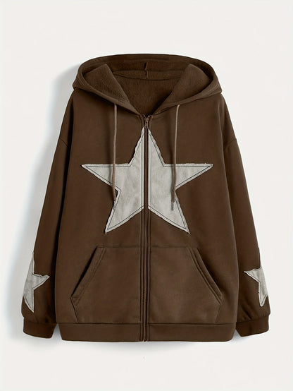 Kapuzenjacke mit Reißverschluss und Sternapplikationen – Lässiger Unisex Hoodie
