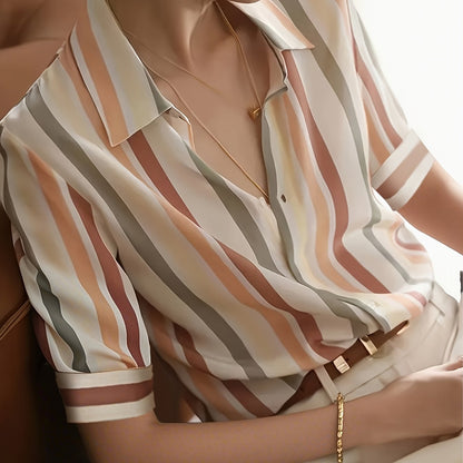 Blusa casual de negocios para mujer con estampado de rayas – Manga corta, estilo elegante para oficina y uso diario