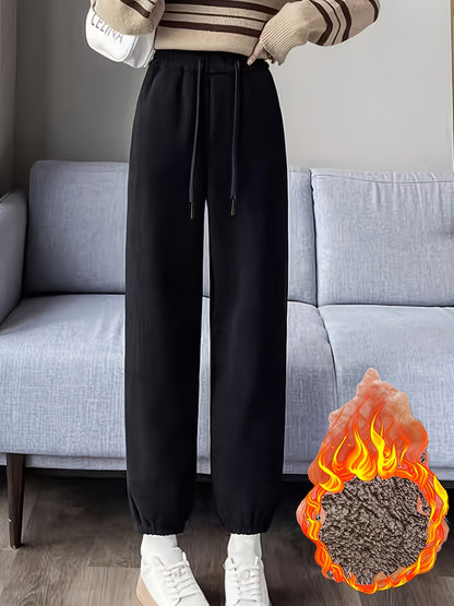 Pantaloni da jogging termici unisex in tessuto a coste nero con fodera in peluche