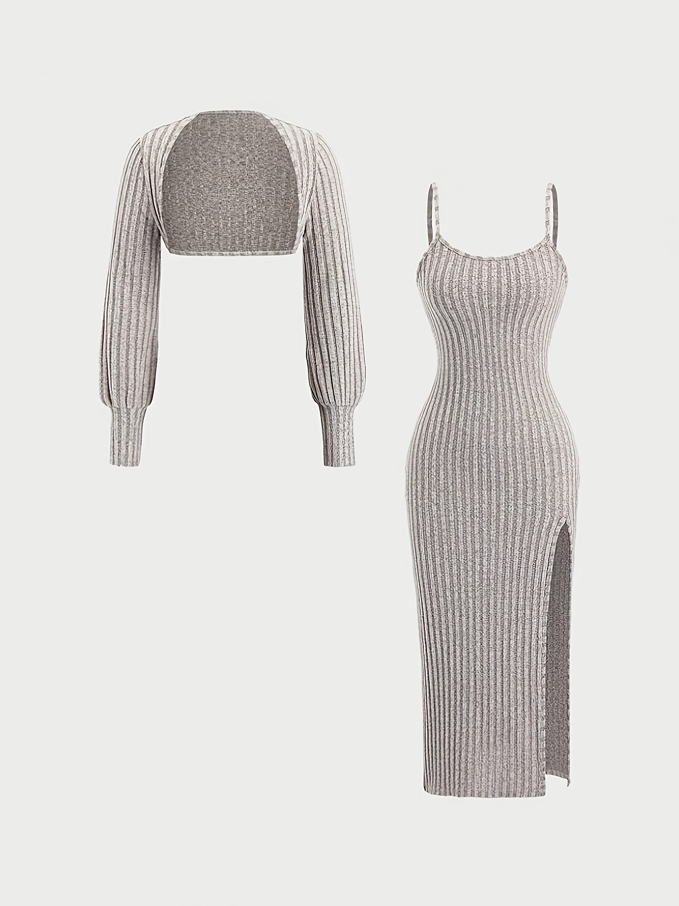 Damen Geripptes Midikleid mit Spaghettiträgern und Kurzpullover-Set