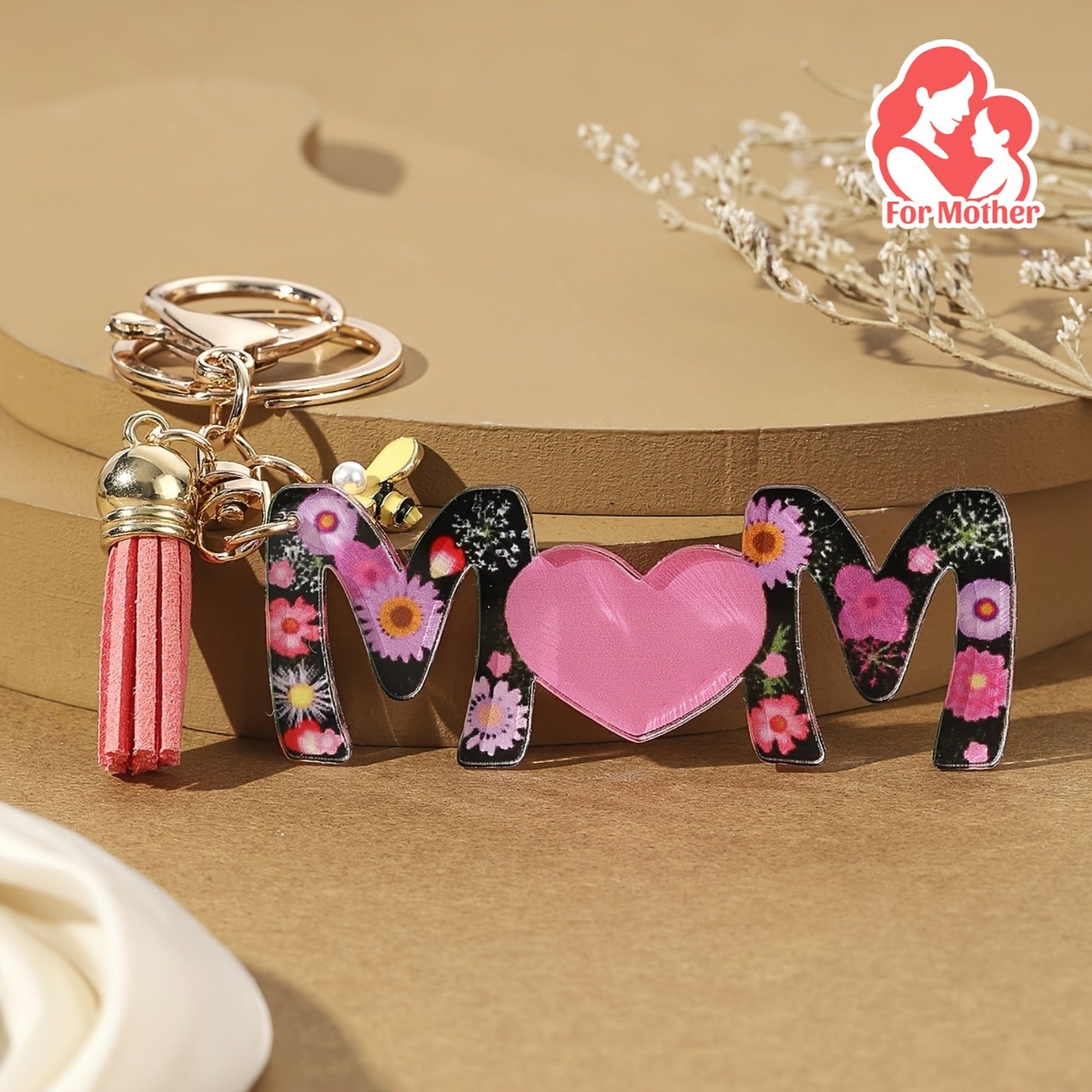 Porte-clés pour femmes – Cadeau de fête des mères à la mode, anneau porte-clés avec cœur et motif floral, accessoire élégant